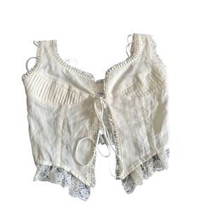 Fait Par Fouch Women Cream Linen Lace Trim Pleated Corset Top Size M Lace-Up